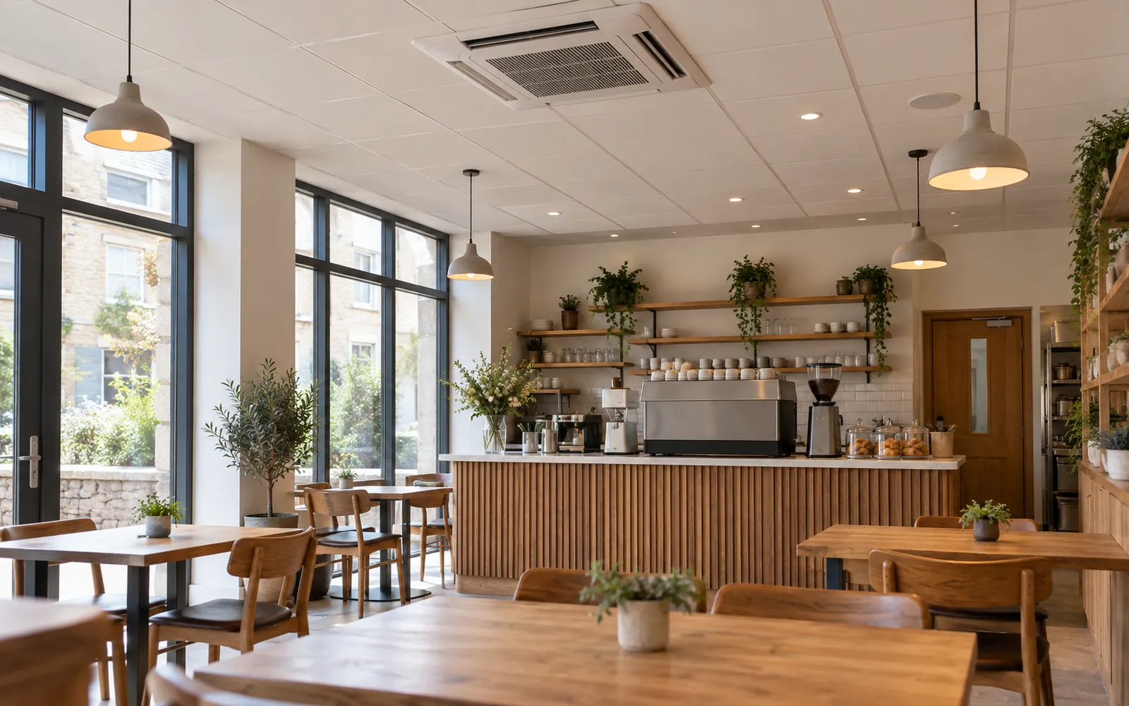 Independent café with a ceiling cassette air conditioning unit over the tables