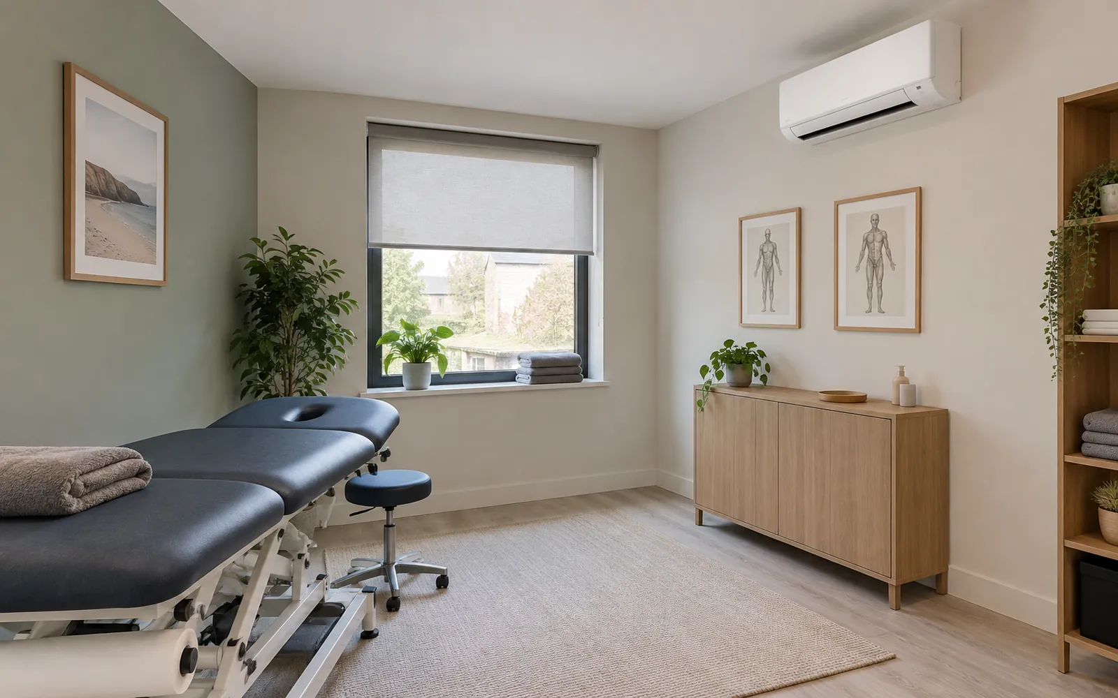 Physiotherapy treatment room with the air conditioning unit on the wall opposite the couch