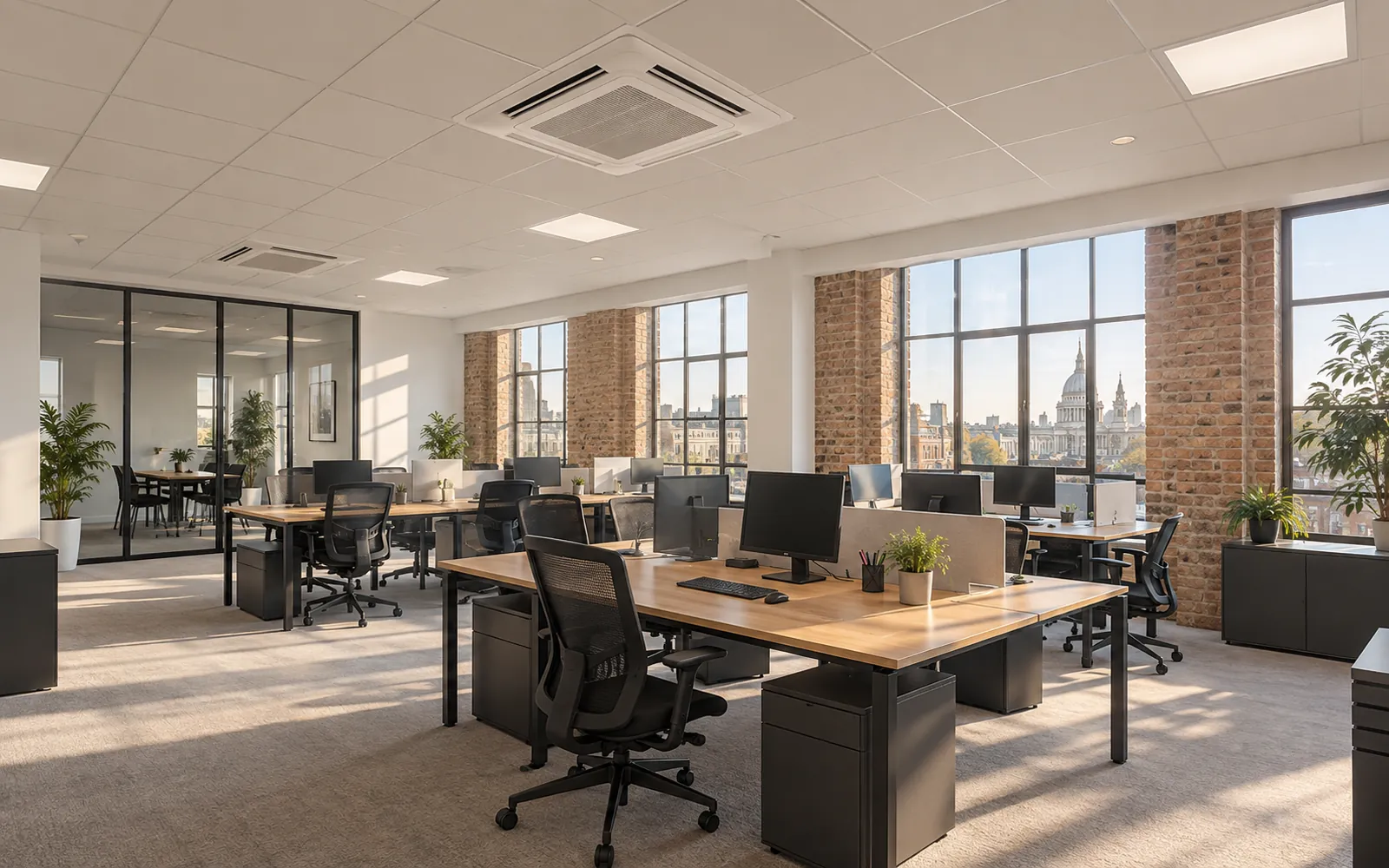 Open-plan office with ceiling cassette air conditioning set into the ceiling grid