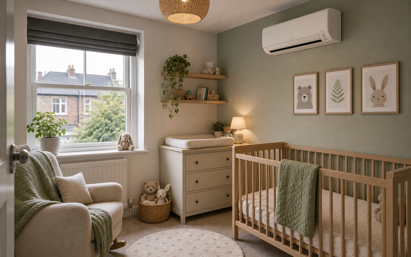 Wall-mounted air conditioning unit in a bright home room