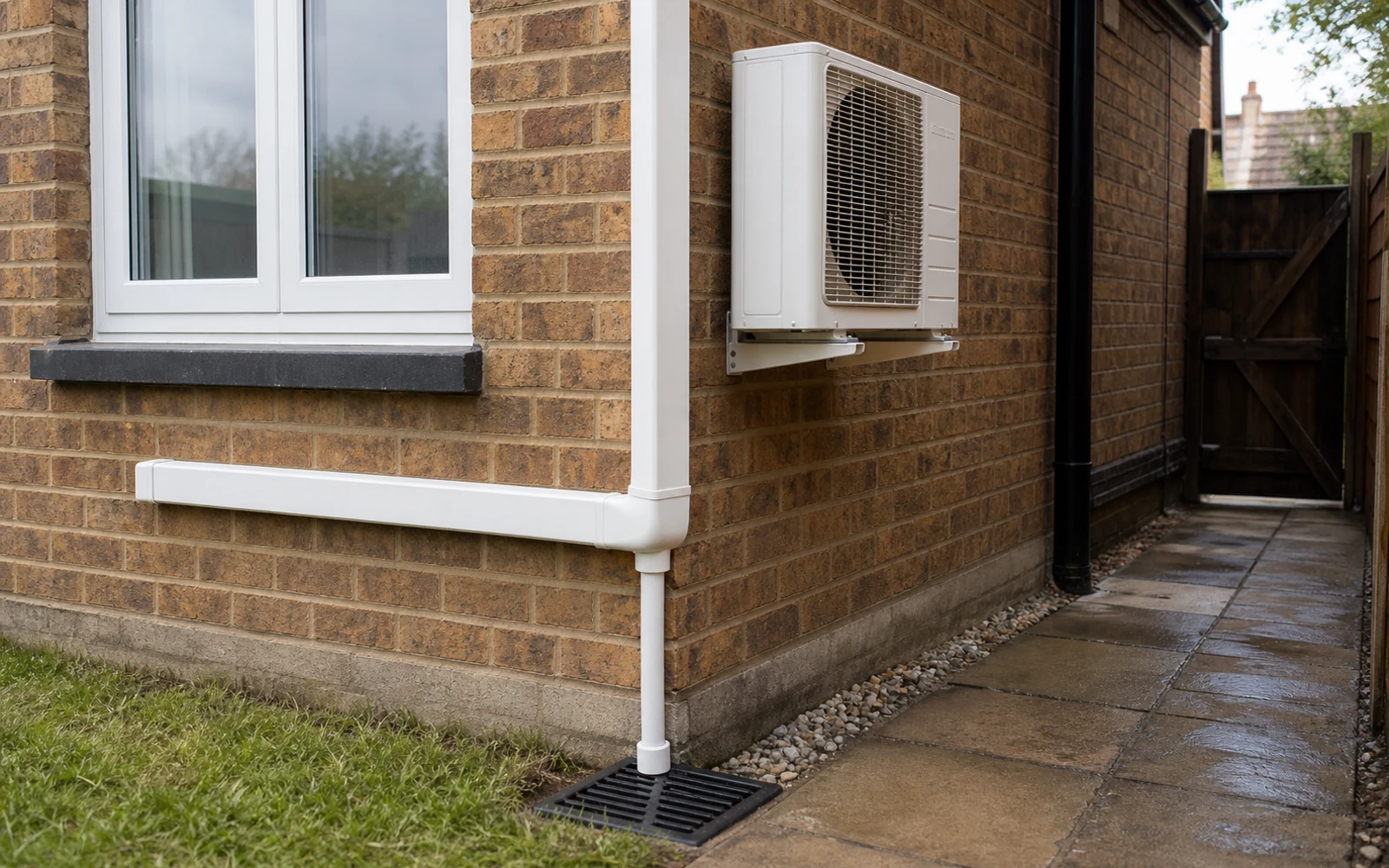 Guide video frame showing route to outside wall and drainage