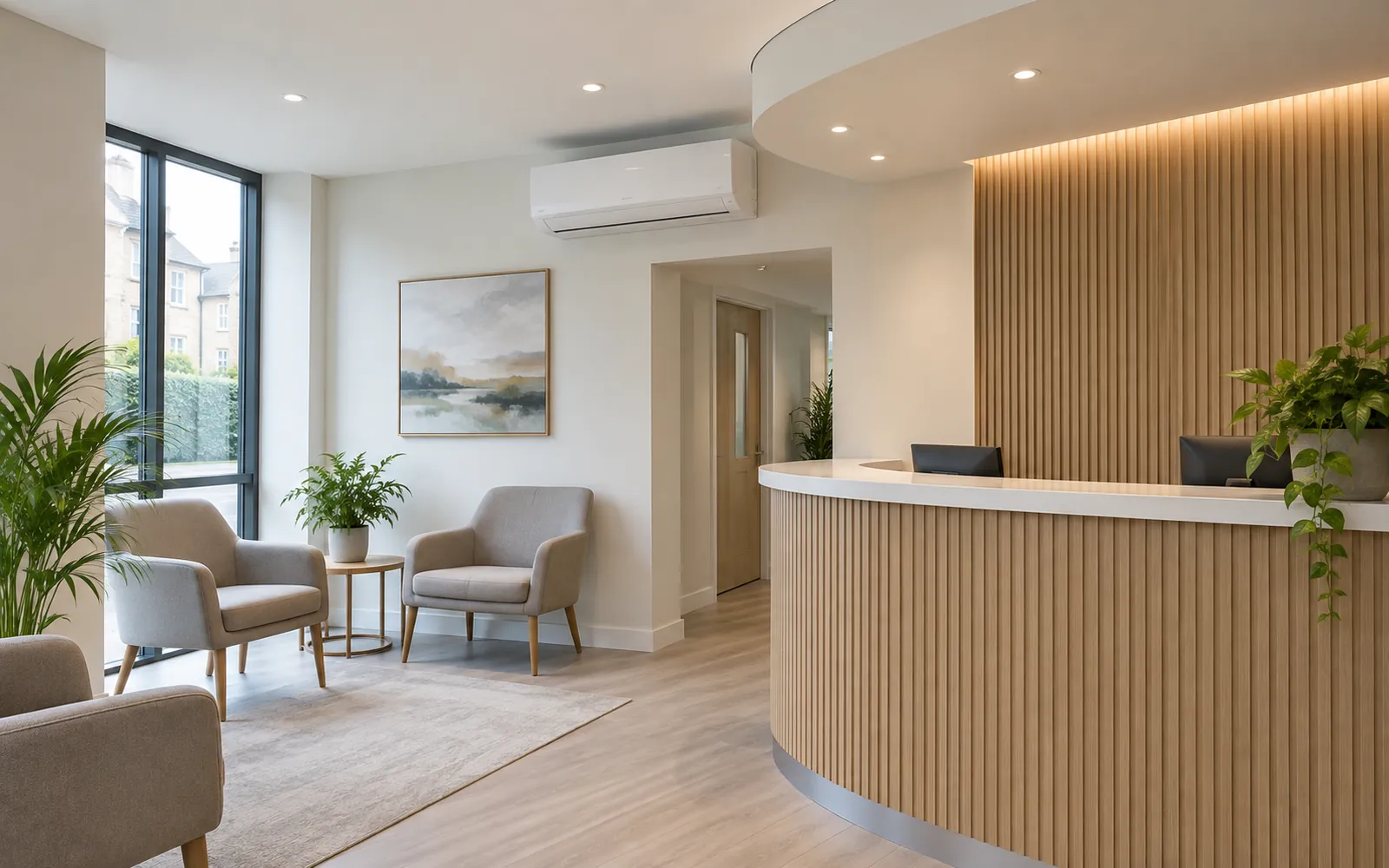 Clinic reception with a wall-mounted air conditioning unit above the waiting area