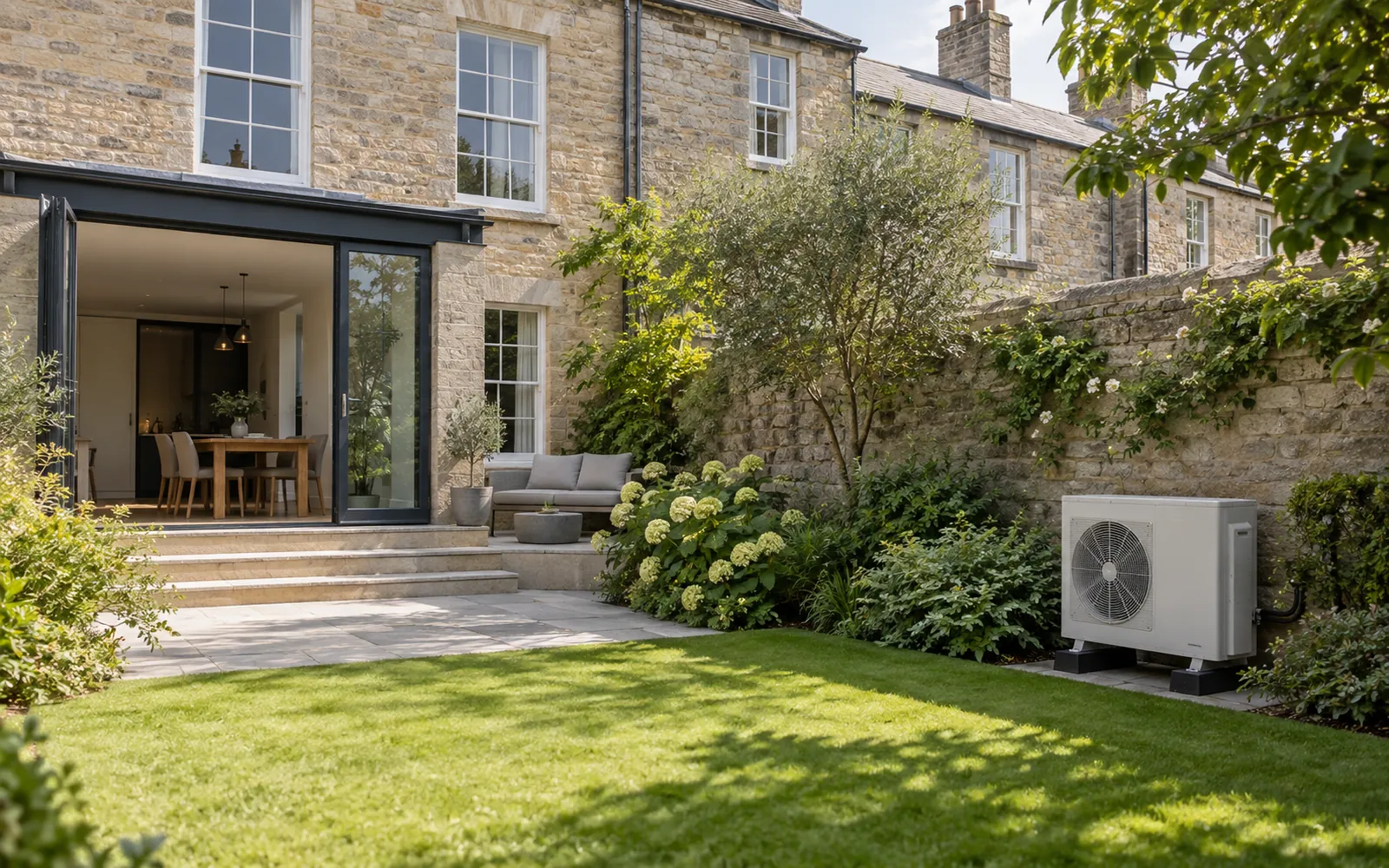 Outdoor unit on a ground stand in the rear garden of a period stone terrace, screened by planting