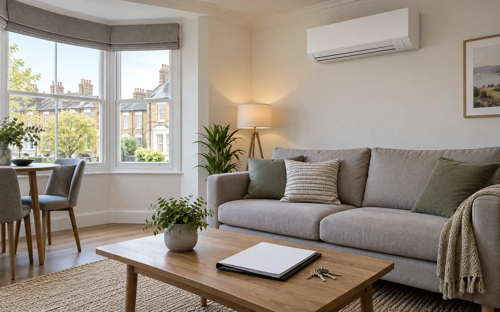 Rented flat living room with a wall-mounted air conditioning unit, keys and papers on the table