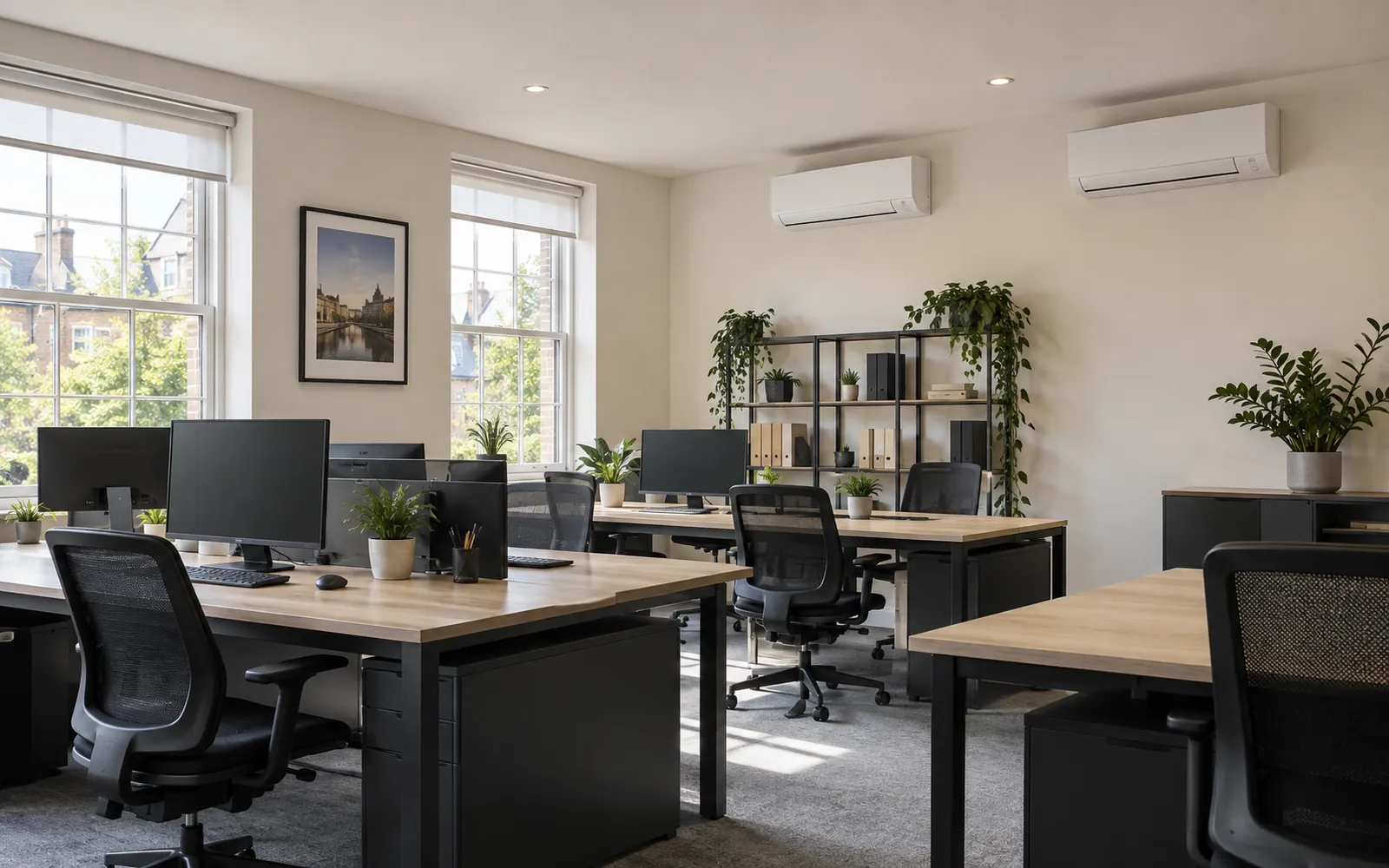 Small office with two wall-mounted air conditioning units above the desks