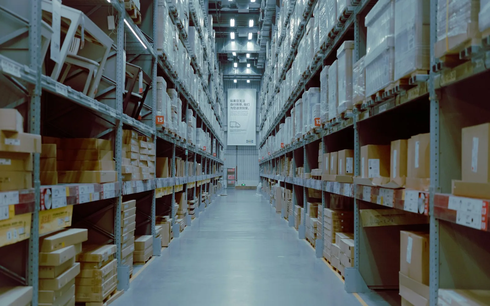 Warehouse racking aisle in a cold storage and logistics building