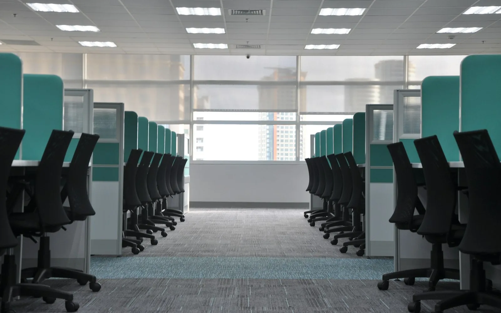 Open-plan office interior with rows of desks